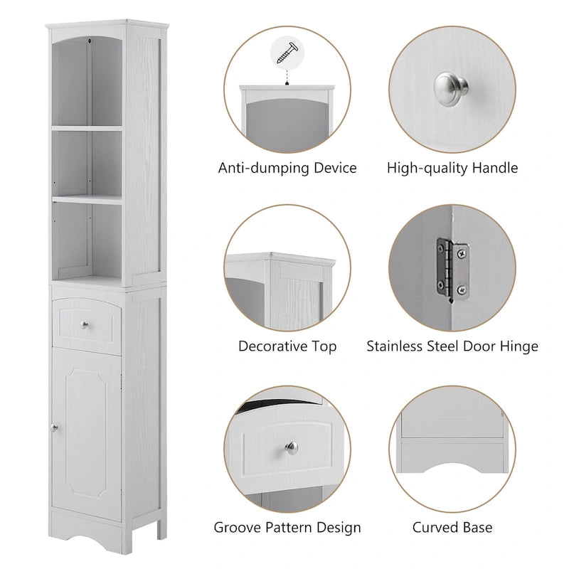 Meuble de rangement de salle de bain moderne blanc avec étagère réglable, tiroir - 34L x 23,1l x 170H cm