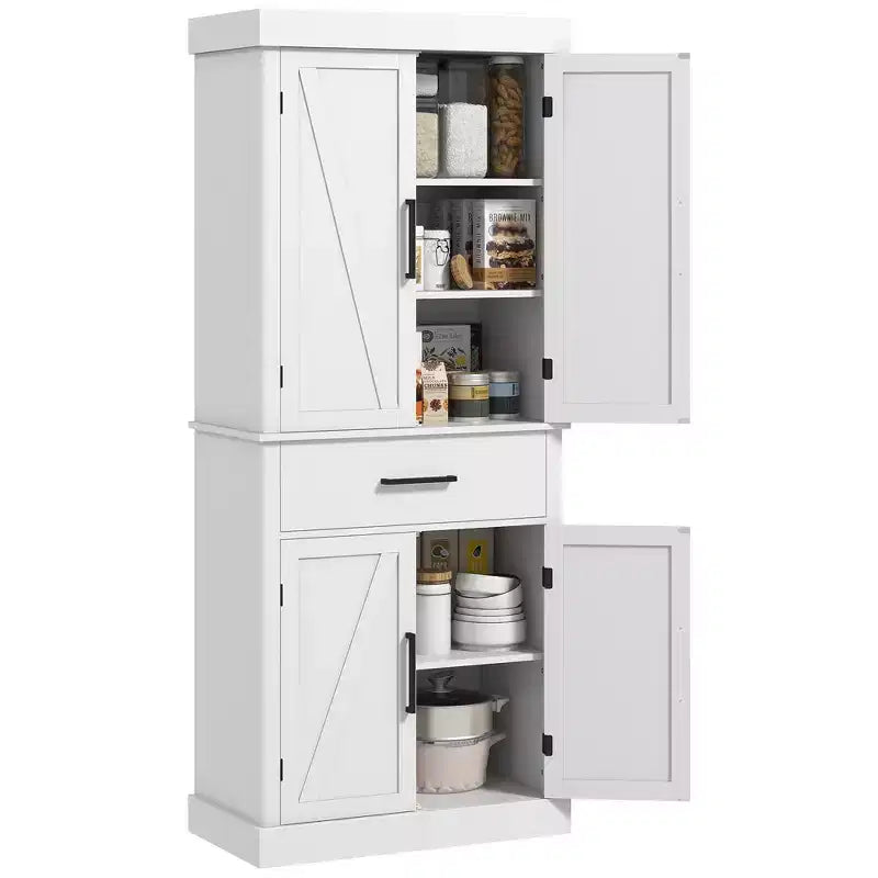 HOMCOM 72 Tall Kitchen Pantry Storage Cabinet, Farmhouse Freestanding Kitchen Cabinet with Barn Doors, Drawer and Adjustable Shelves, White