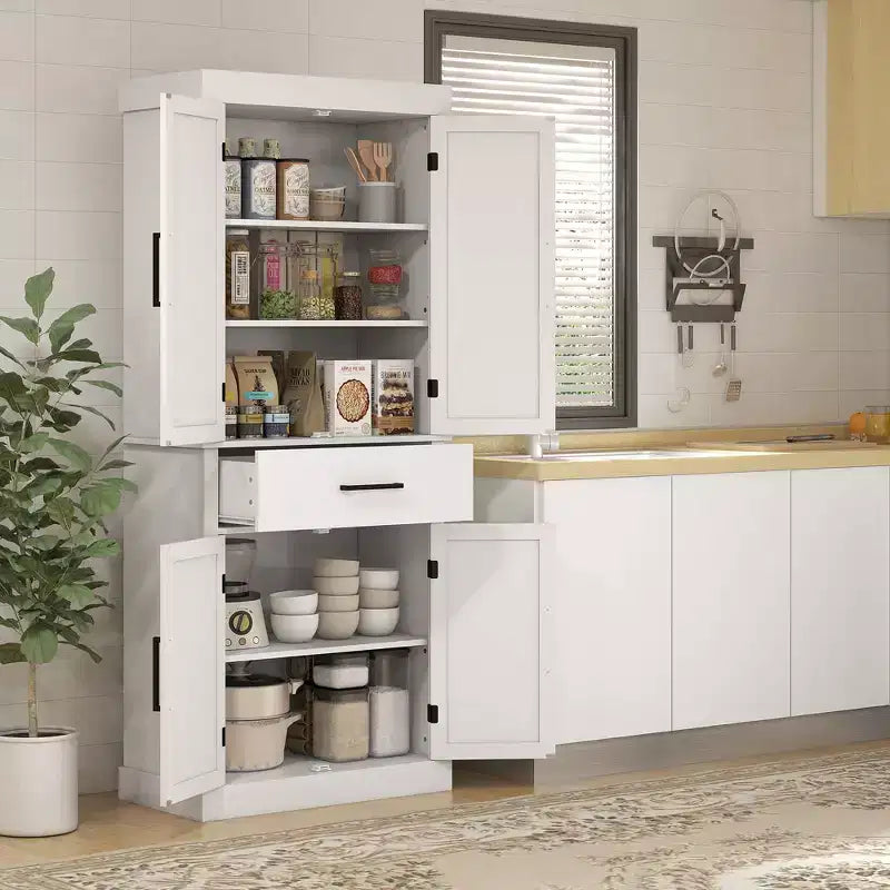 HOMCOM Armoire de cuisine haute 182 cm, style ferme, autoportante, avec portes coulissantes, tiroir et étagères réglables, blanc