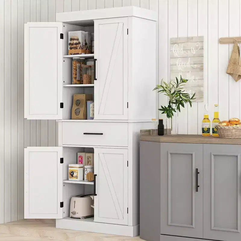 HOMCOM Armoire de cuisine haute 182 cm, style ferme, autoportante, avec portes coulissantes, tiroir et étagères réglables, blanc