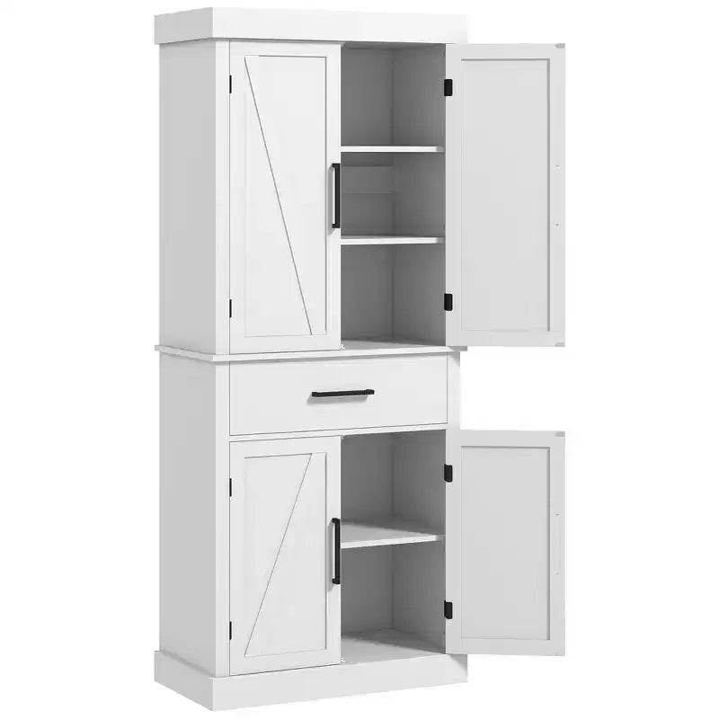 HOMCOM Armoire de cuisine haute 182 cm, style ferme, autoportante, avec portes coulissantes, tiroir et étagères réglables, blanc