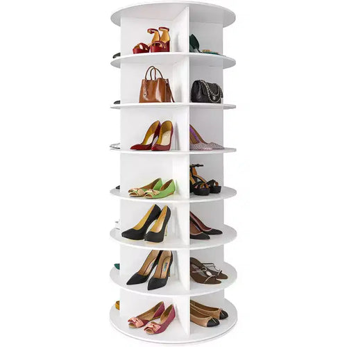 7 Tier Rotating Shoe Rack Tower, Revolving Shoe Rack Storage, Round Carousel Vertical Handbag and Shoe Organizer ,White