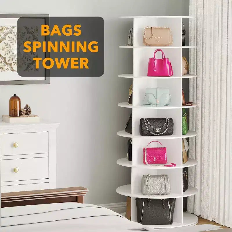 Tour de rangement pour chaussures rotative à 7 niveaux, organisateur de chaussures et sacs à main vertical rond, blanc