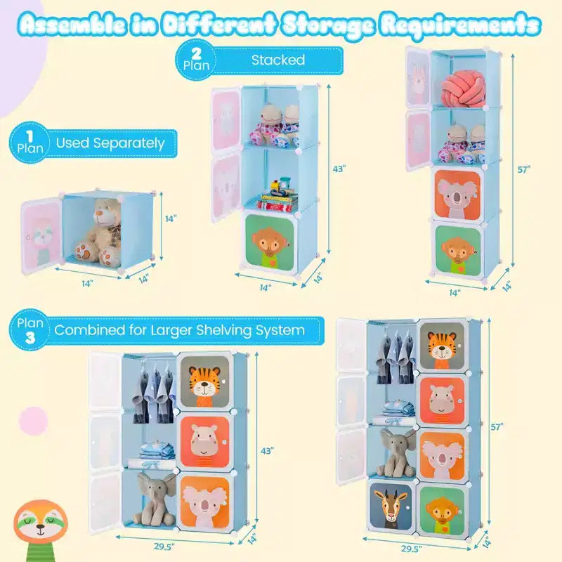 Costway Armoire pour enfants à 8 cubes, Commode pour bébé, Penderie avec portes pour chambre, Bleu/Rose/Blanc