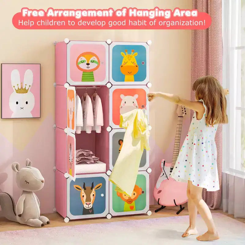 Costway Armoire pour enfants à 8 cubes, Commode pour bébé, Penderie avec portes pour chambre, Bleu/Rose/Blanc