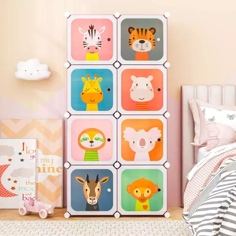 Costway Armoire pour enfants à 8 cubes, Commode pour bébé, Penderie avec portes pour chambre, Bleu/Rose/Blanc