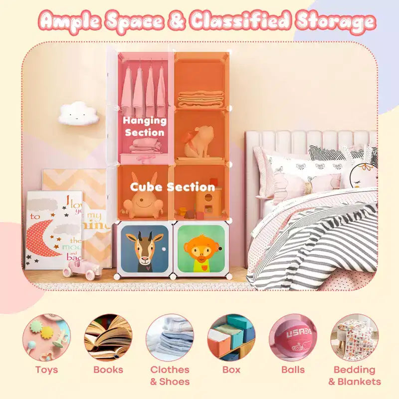 Costway Armoire pour enfants à 8 cubes, Commode pour bébé, Penderie avec portes pour chambre, Bleu/Rose/Blanc
