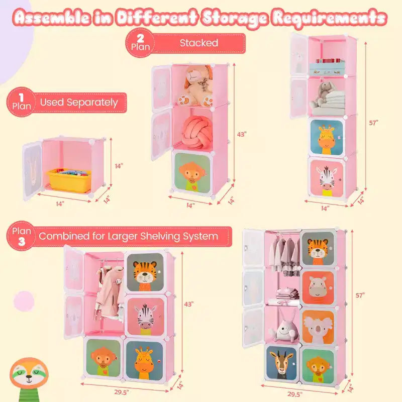 Costway Armoire pour enfants à 8 cubes, Commode pour bébé, Penderie avec portes pour chambre, Bleu/Rose/Blanc