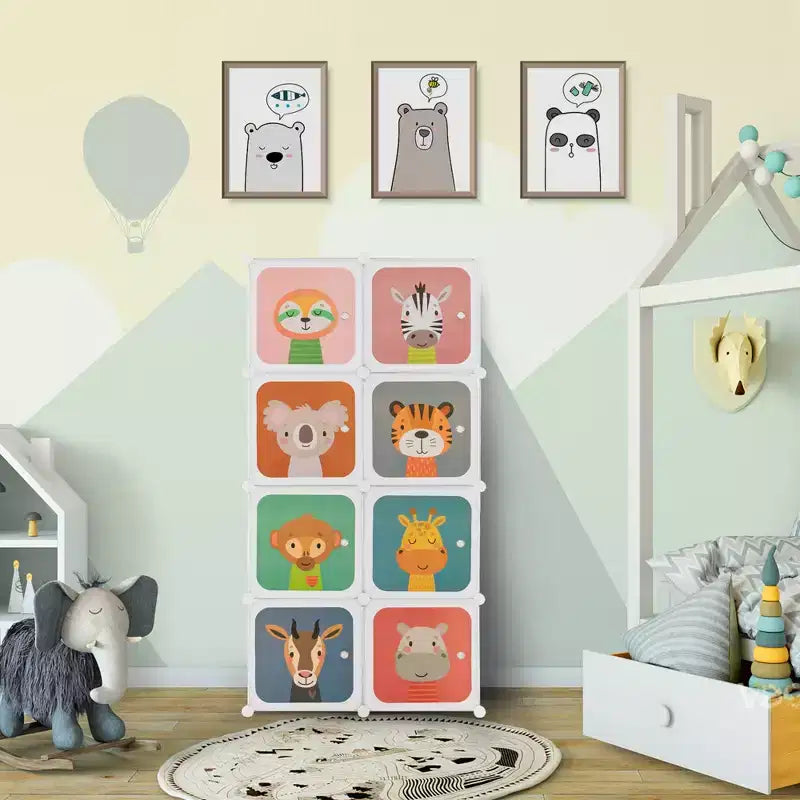Costway Armoire pour enfants à 8 cubes, Commode pour bébé, Penderie avec portes pour chambre, Bleu/Rose/Blanc
