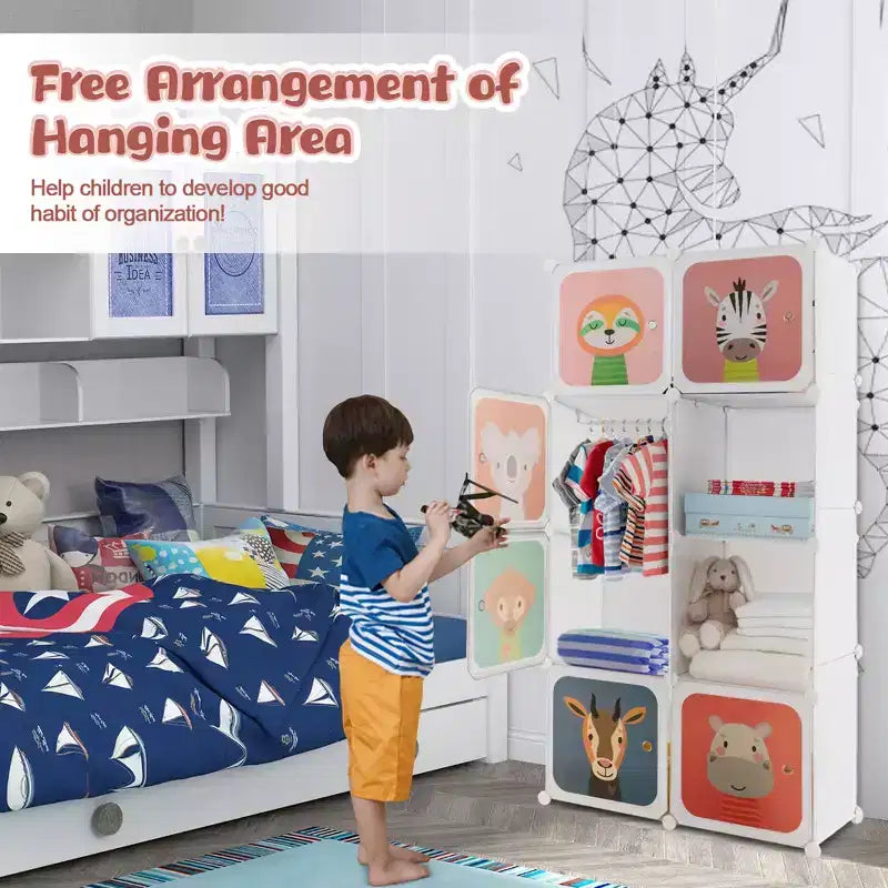 Costway Armoire pour enfants à 8 cubes, Commode pour bébé, Penderie avec portes pour chambre, Bleu/Rose/Blanc