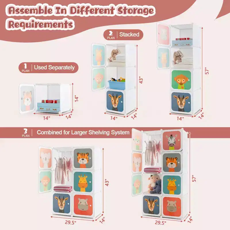 Costway Armoire pour enfants à 8 cubes, Commode pour bébé, Penderie avec portes pour chambre, Bleu/Rose/Blanc