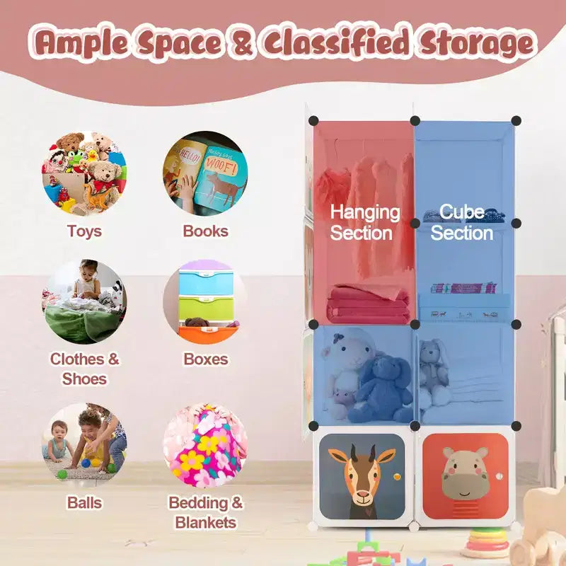 Costway Armoire pour enfants à 8 cubes, Commode pour bébé, Penderie avec portes pour chambre, Bleu/Rose/Blanc