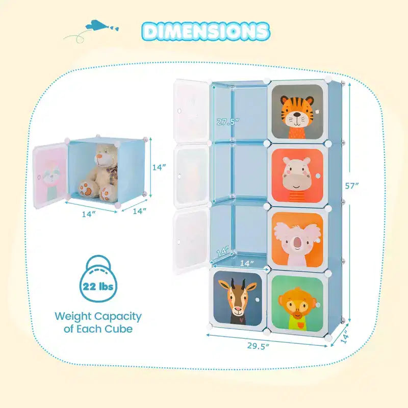 Costway Armoire pour enfants à 8 cubes, Commode pour bébé, Penderie avec portes pour chambre, Bleu/Rose/Blanc
