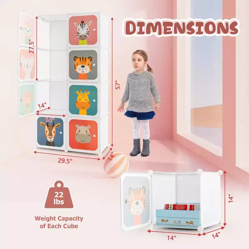 Costway Armoire pour enfants à 8 cubes, Commode pour bébé, Penderie avec portes pour chambre, Bleu/Rose/Blanc