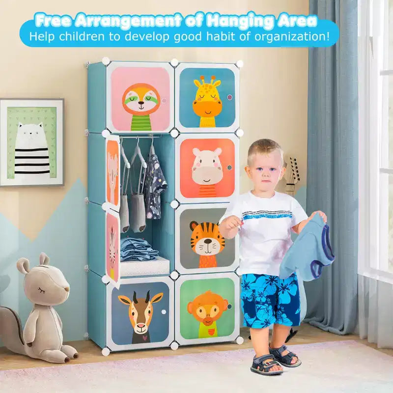 Costway Armoire pour enfants à 8 cubes, Commode pour bébé, Penderie avec portes pour chambre, Bleu/Rose/Blanc