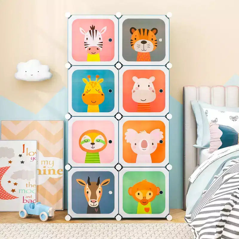 Costway Armoire pour enfants à 8 cubes, Commode pour bébé, Penderie avec portes pour chambre, Bleu/Rose/Blanc