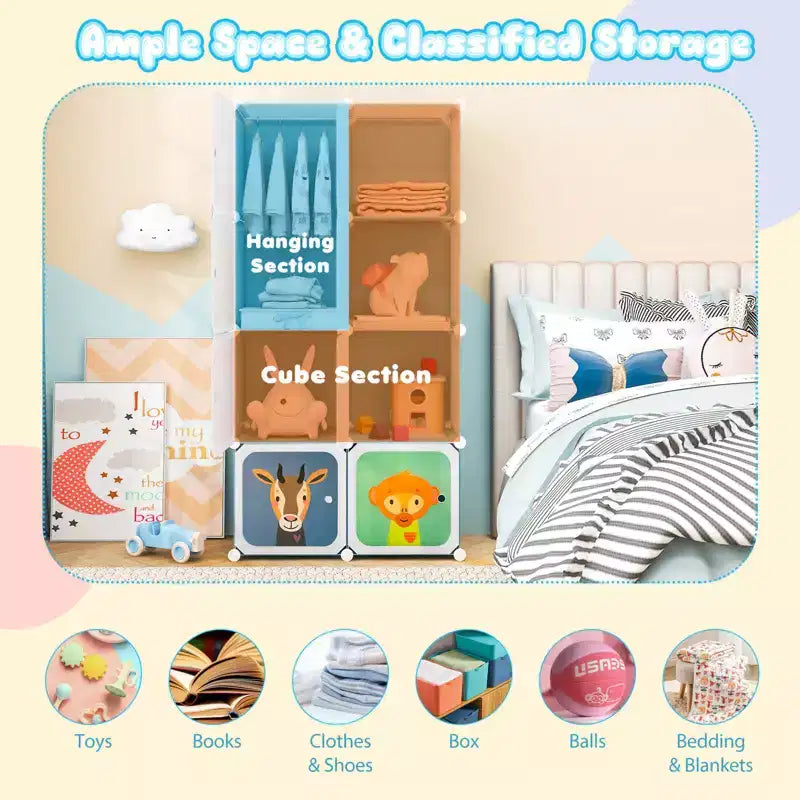 Costway Armoire pour enfants à 8 cubes, Commode pour bébé, Penderie avec portes pour chambre, Bleu/Rose/Blanc