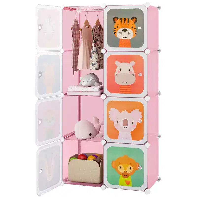 Costway Armoire pour enfants à 8 cubes, Commode pour bébé, Penderie avec portes pour chambre, Bleu/Rose/Blanc