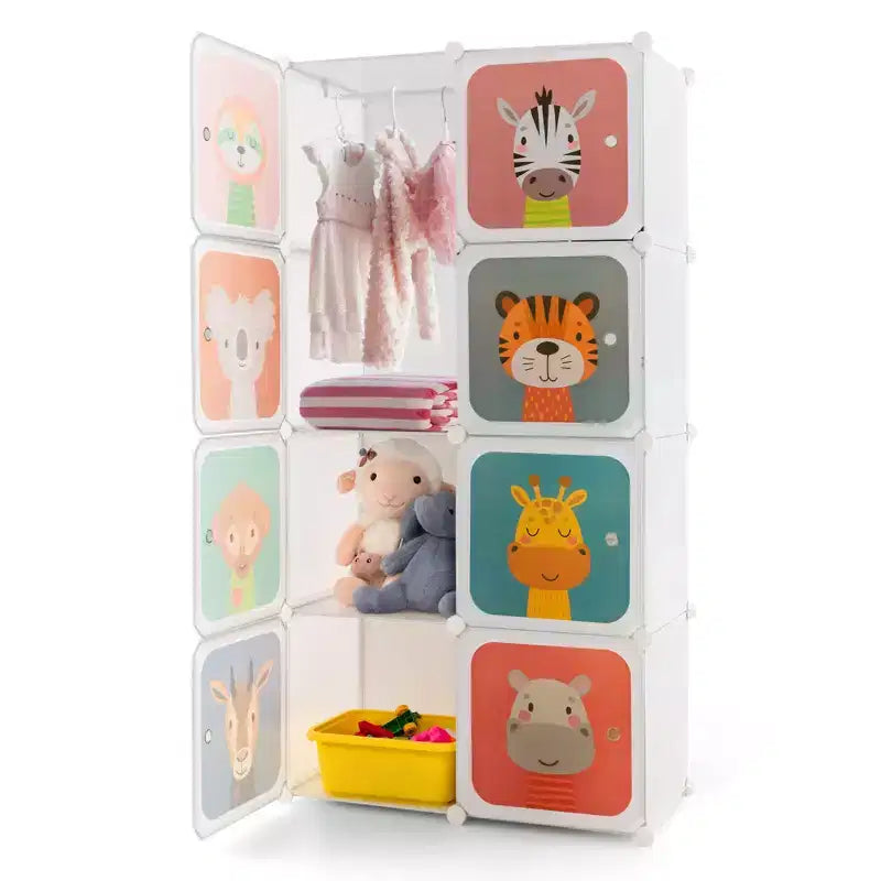 Costway Armoire pour enfants à 8 cubes, Commode pour bébé, Penderie avec portes pour chambre, Bleu/Rose/Blanc