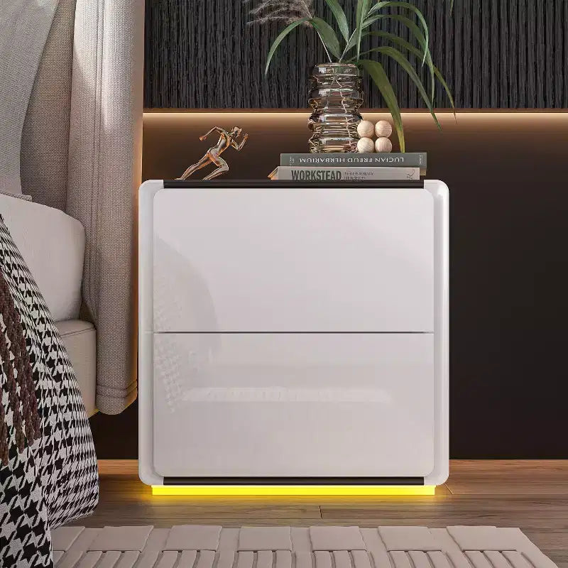 Table de chevet moderne Famapy avec lumière LED et 2 tiroirs