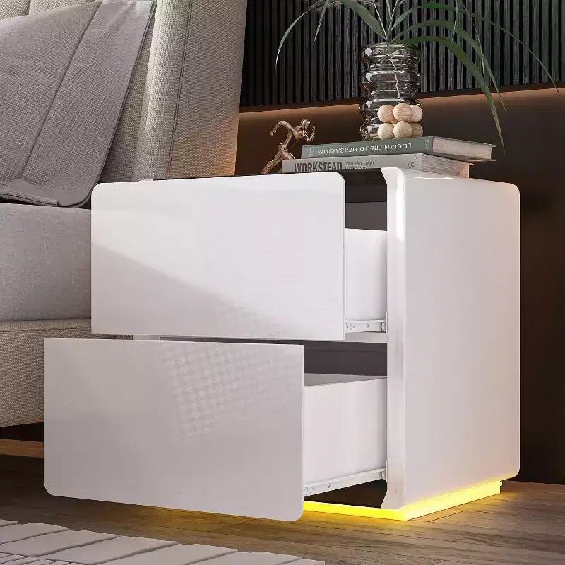 Table de chevet moderne Famapy avec lumière LED et 2 tiroirs