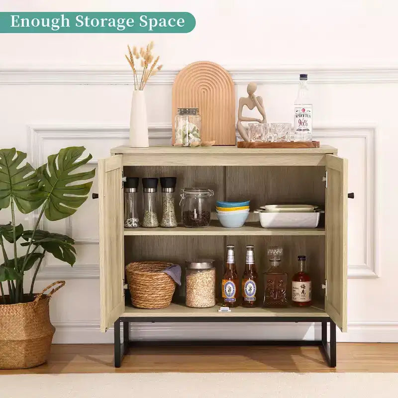 Buffet/bahut de rangement WhizMax avec portes en rotin, console de cuisine/entrée, meuble de rangement bohème, naturel