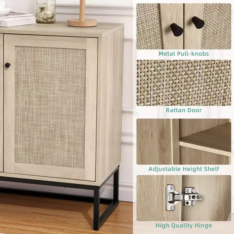 Buffet/bahut de rangement WhizMax avec portes en rotin, console de cuisine/entrée, meuble de rangement bohème, naturel