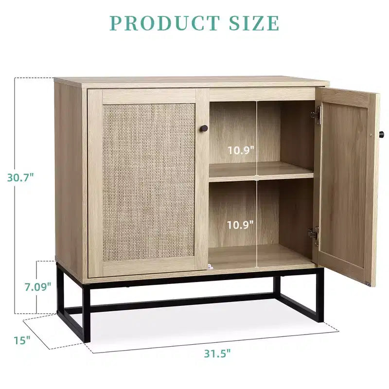 Buffet/bahut de rangement WhizMax avec portes en rotin, console de cuisine/entrée, meuble de rangement bohème, naturel