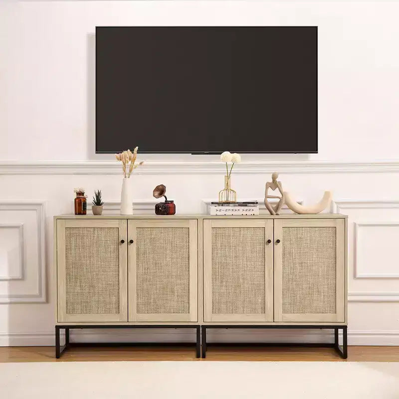 Buffet/bahut de rangement WhizMax avec portes en rotin, console de cuisine/entrée, meuble de rangement bohème, naturel
