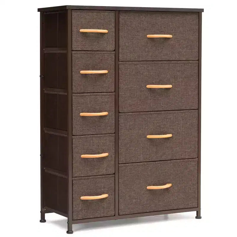 Crestlive Products Commode à 9 tiroirs pour chambre à coucher, tour de rangement verticale avec cadre en acier robuste, plateau en bois, tiroirs en tissu faciles à tirer, poignées en bois.