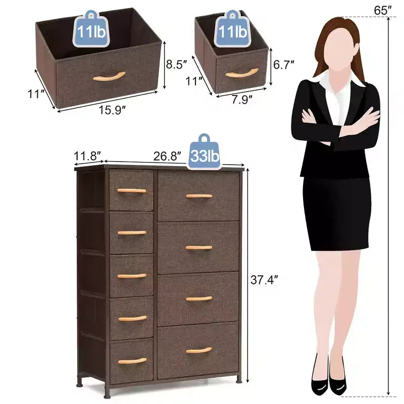 Crestlive Products Commode à 9 tiroirs pour chambre à coucher, tour de rangement verticale avec cadre en acier robuste, plateau en bois, tiroirs en tissu faciles à tirer, poignées en bois.