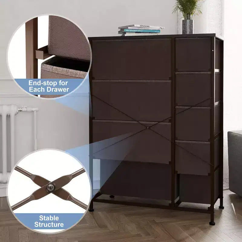 Crestlive Products Commode à 9 tiroirs pour chambre à coucher, tour de rangement verticale avec cadre en acier robuste, plateau en bois, tiroirs en tissu faciles à tirer, poignées en bois.
