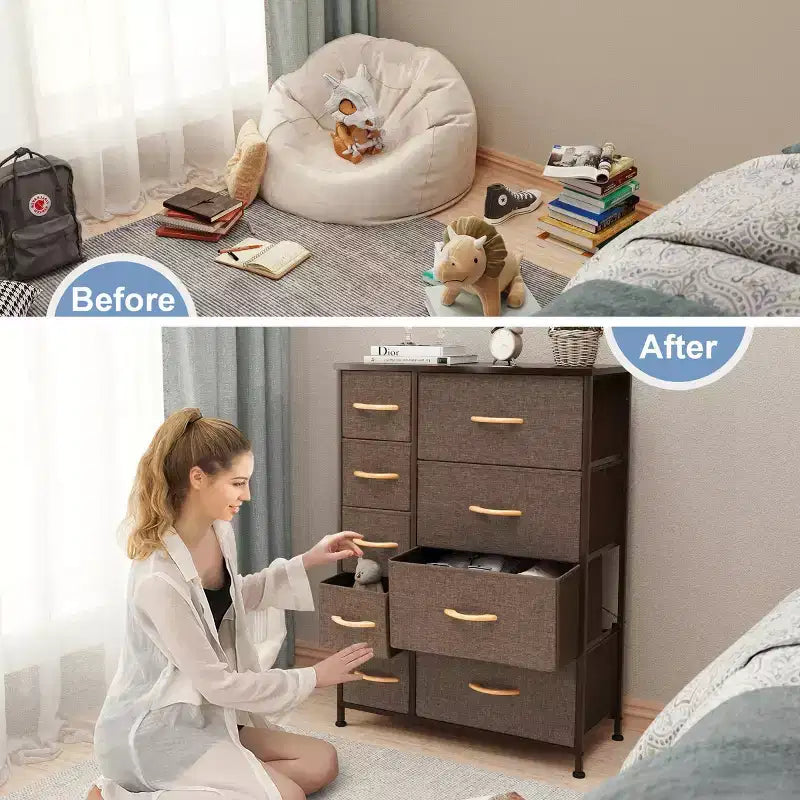 Crestlive Products Commode à 9 tiroirs pour chambre à coucher, tour de rangement verticale avec cadre en acier robuste, plateau en bois, tiroirs en tissu faciles à tirer, poignées en bois.