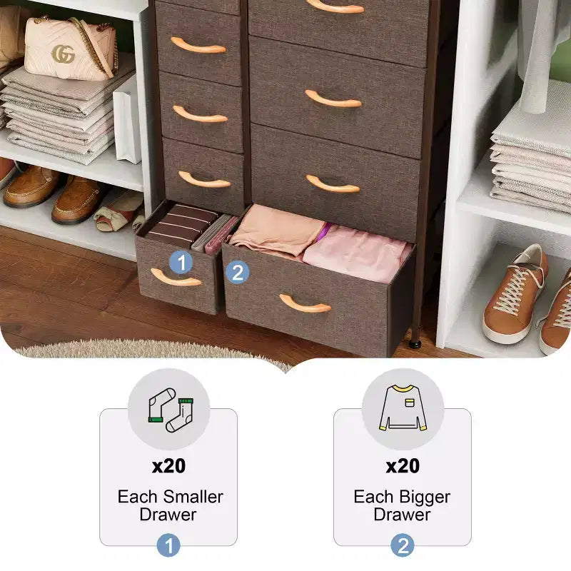Crestlive Products Commode à 9 tiroirs pour chambre à coucher, tour de rangement verticale avec cadre en acier robuste, plateau en bois, tiroirs en tissu faciles à tirer, poignées en bois.