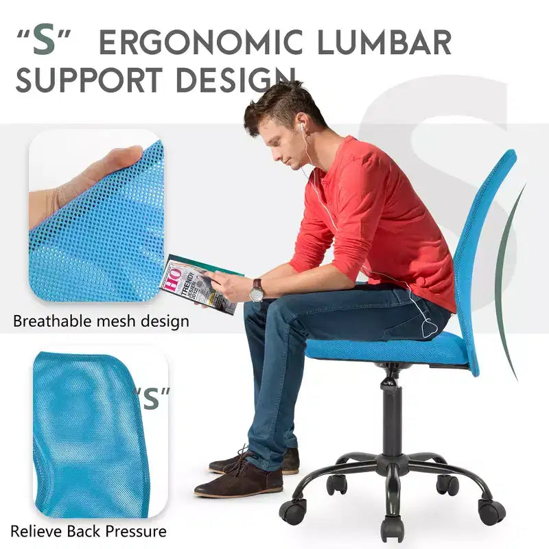 FDW Chaise de Bureau Dossier Moyen en Maille Chaise d'Ordinateur sans Accoudoirs Chaise Pivotante à Roulettes avec Support Lombaire