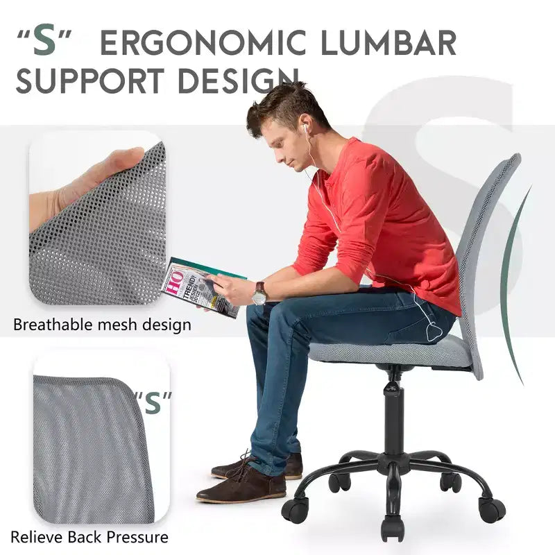 FDW Chaise de Bureau Dossier Moyen en Maille Chaise d'Ordinateur sans Accoudoirs Chaise Pivotante à Roulettes avec Support Lombaire