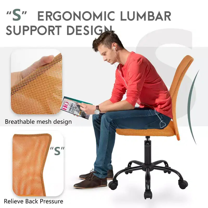 FDW Chaise de Bureau Dossier Moyen en Maille Chaise d'Ordinateur sans Accoudoirs Chaise Pivotante à Roulettes avec Support Lombaire