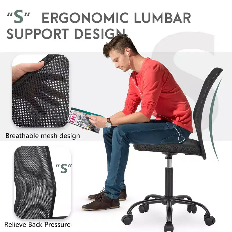 FDW Chaise de Bureau Dossier Moyen en Maille Chaise d'Ordinateur sans Accoudoirs Chaise Pivotante à Roulettes avec Support Lombaire