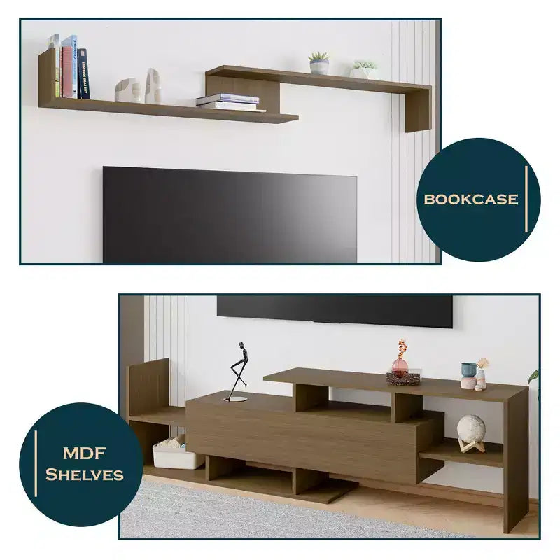 Meuble TV LeisureMod avec étagères et bibliothèque en MDF, Collection Surrey, Console de divertissement moderne pour salon, appartement ou bureau