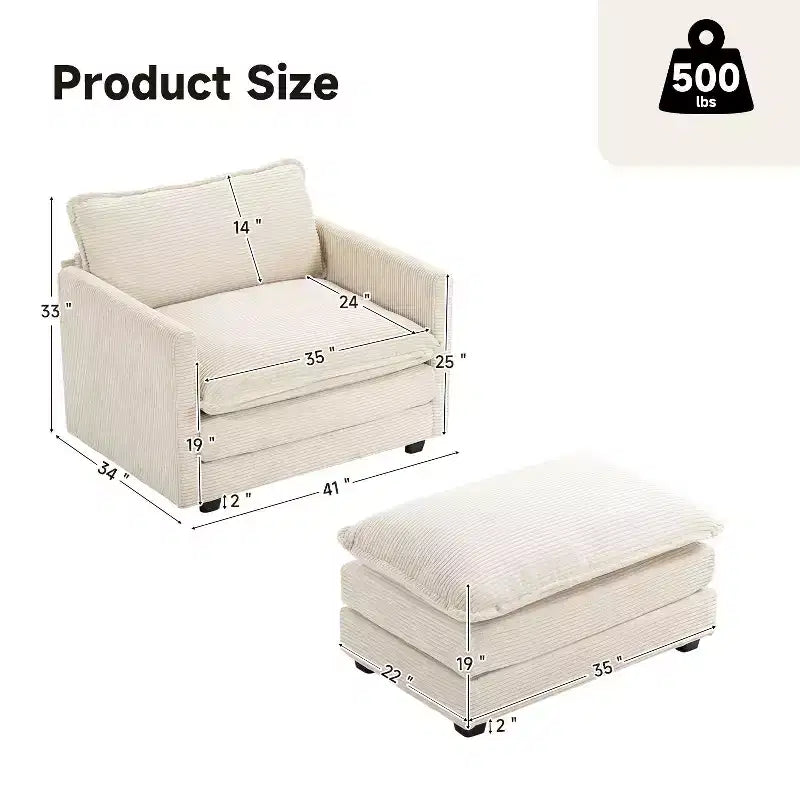 Fauteuil d'appoint moderne Hyleory en velours côtelé avec pouf en