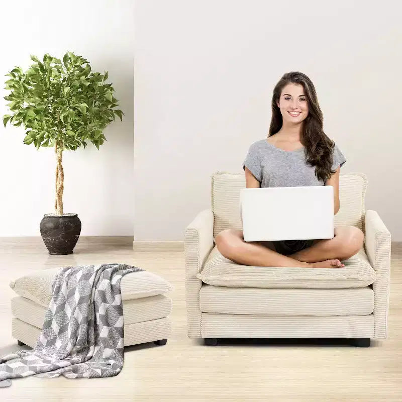 Fauteuil d'appoint moderne Hyleory en velours côtelé avec pouf en