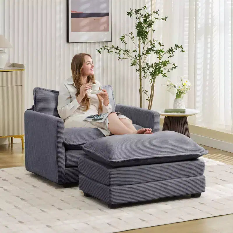 Fauteuil d'appoint moderne Hyleory en velours côtelé avec pouf en
