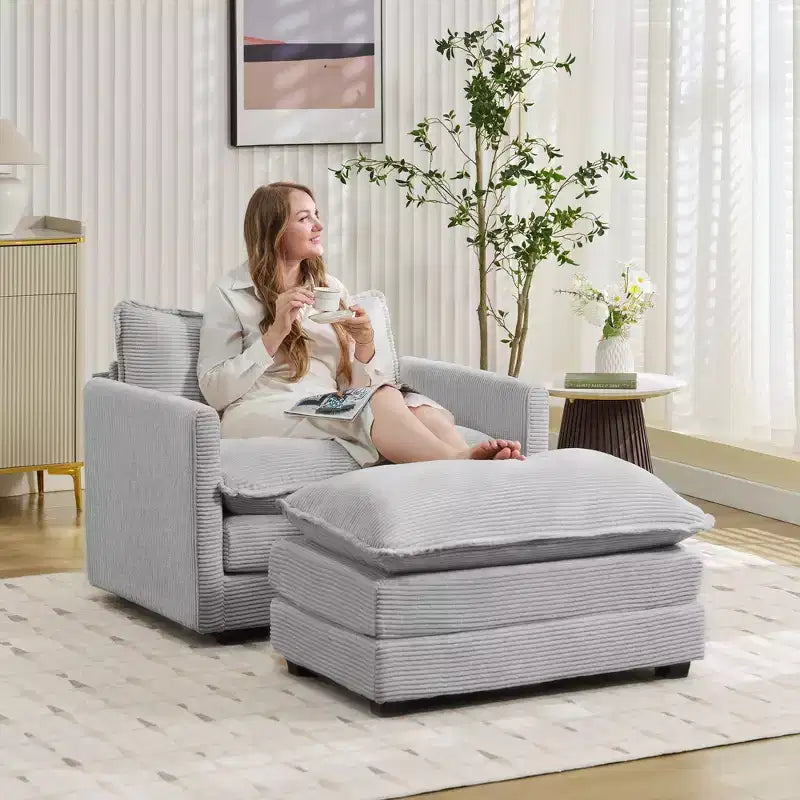 Fauteuil d'appoint moderne Hyleory en velours côtelé avec pouf en
