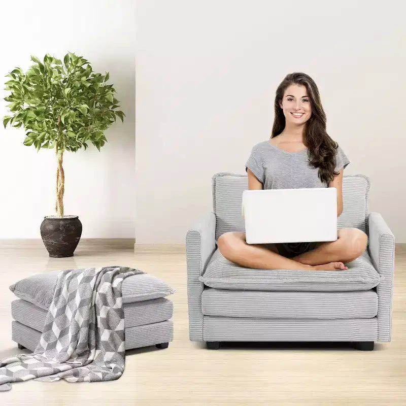Fauteuil d'appoint moderne Hyleory en velours côtelé avec pouf en