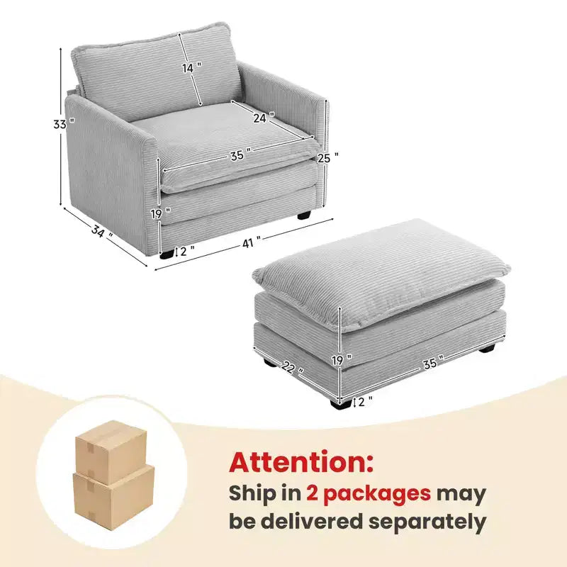 Fauteuil d'appoint moderne Hyleory en velours côtelé avec pouf en