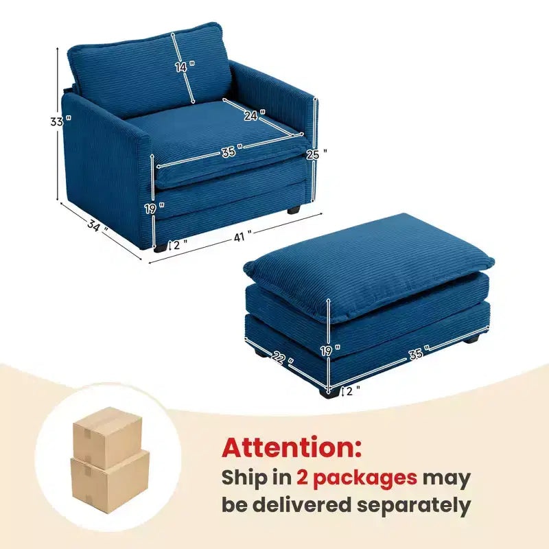 Fauteuil d'appoint moderne Hyleory en velours côtelé avec pouf en