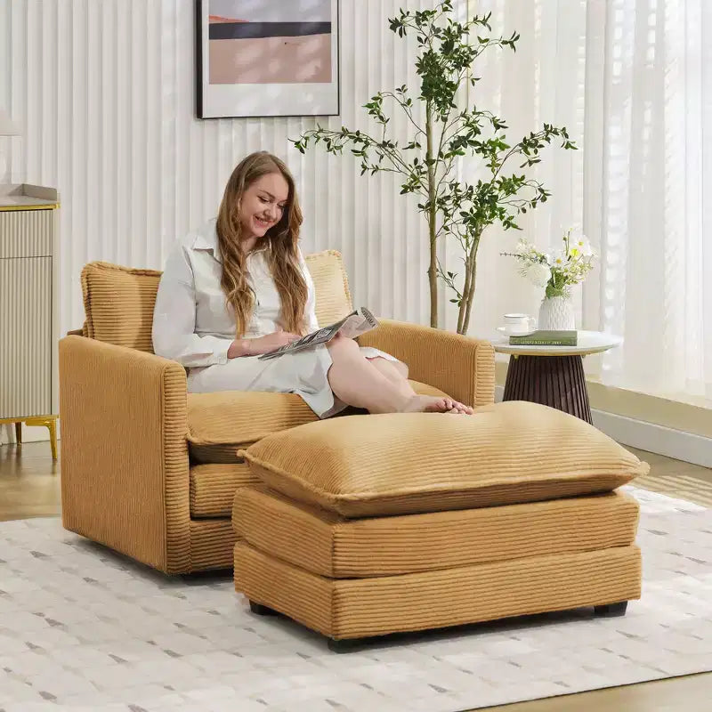 Fauteuil d'appoint moderne Hyleory en velours côtelé avec pouf en