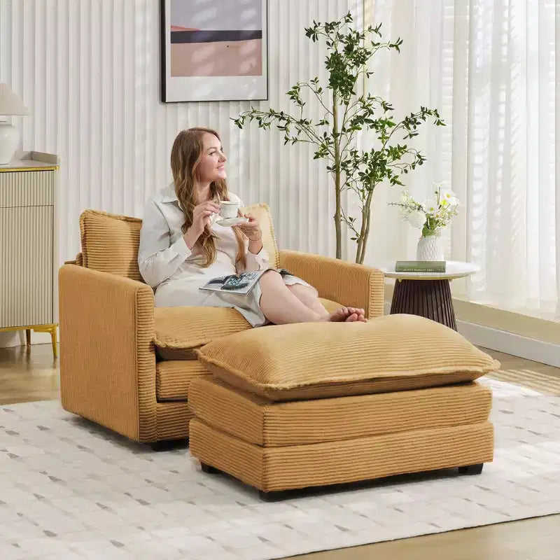 Fauteuil d'appoint moderne Hyleory en velours côtelé avec pouf en