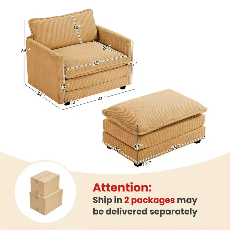 Fauteuil d'appoint moderne Hyleory en velours côtelé avec pouf en
