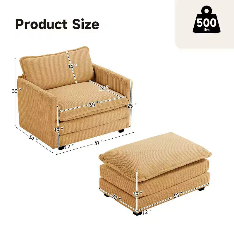 Fauteuil d'appoint moderne Hyleory en velours côtelé avec pouf en